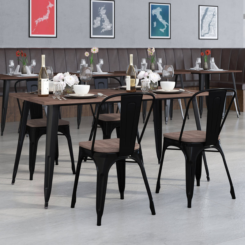 Black |#| 30.25inch x 60inch Black Metal Table Set with Wood Top and 4 Stack Chairs
