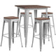 Silver |#| 31.5inch Square Silver Metal Bar Table Set with Wood Top and 4 Backless Stools