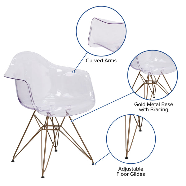 Transparent Side Chair with Arms and Gold Base - Accent & Side Chair