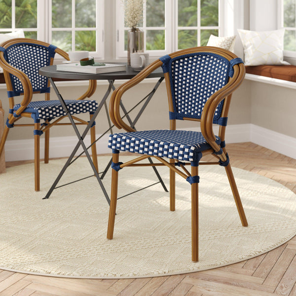 Navy & White/Natural Frame |#| All-Weather Commercial Paris Chair with Bamboo Print Metal Frame-Navy/White