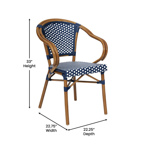 Navy & White/Natural Frame |#| All-Weather Commercial Paris Chair with Bamboo Print Metal Frame-Navy/White