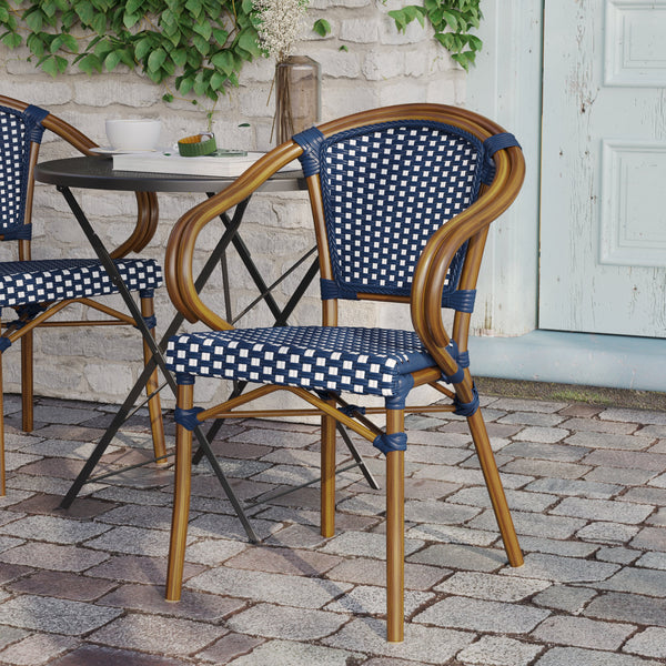 Navy & White/Natural Frame |#| All-Weather Commercial Paris Chair with Bamboo Print Metal Frame-Navy/White