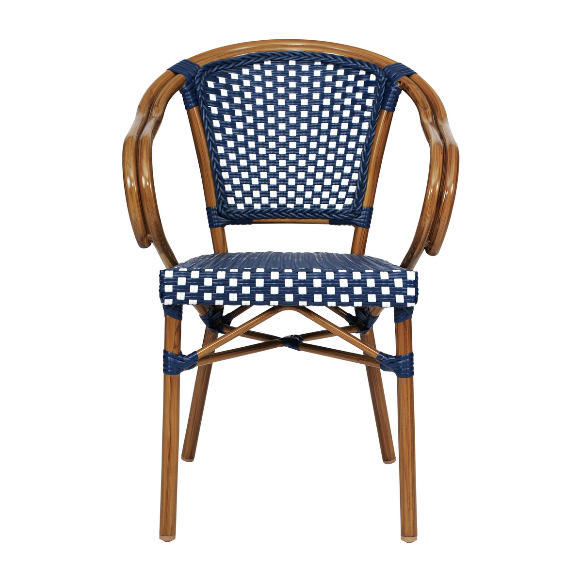 Navy & White/Natural Frame |#| All-Weather Commercial Paris Chair with Bamboo Print Metal Frame-Navy/White