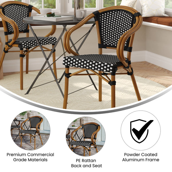 Black & White/Natural Frame |#| All-Weather Commercial Paris Chair with Bamboo Print Metal Frame-Black/White