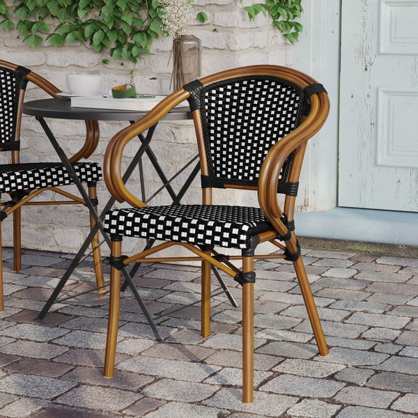 Black & White/Natural Frame |#| All-Weather Commercial Paris Chair with Bamboo Print Metal Frame-Black/White