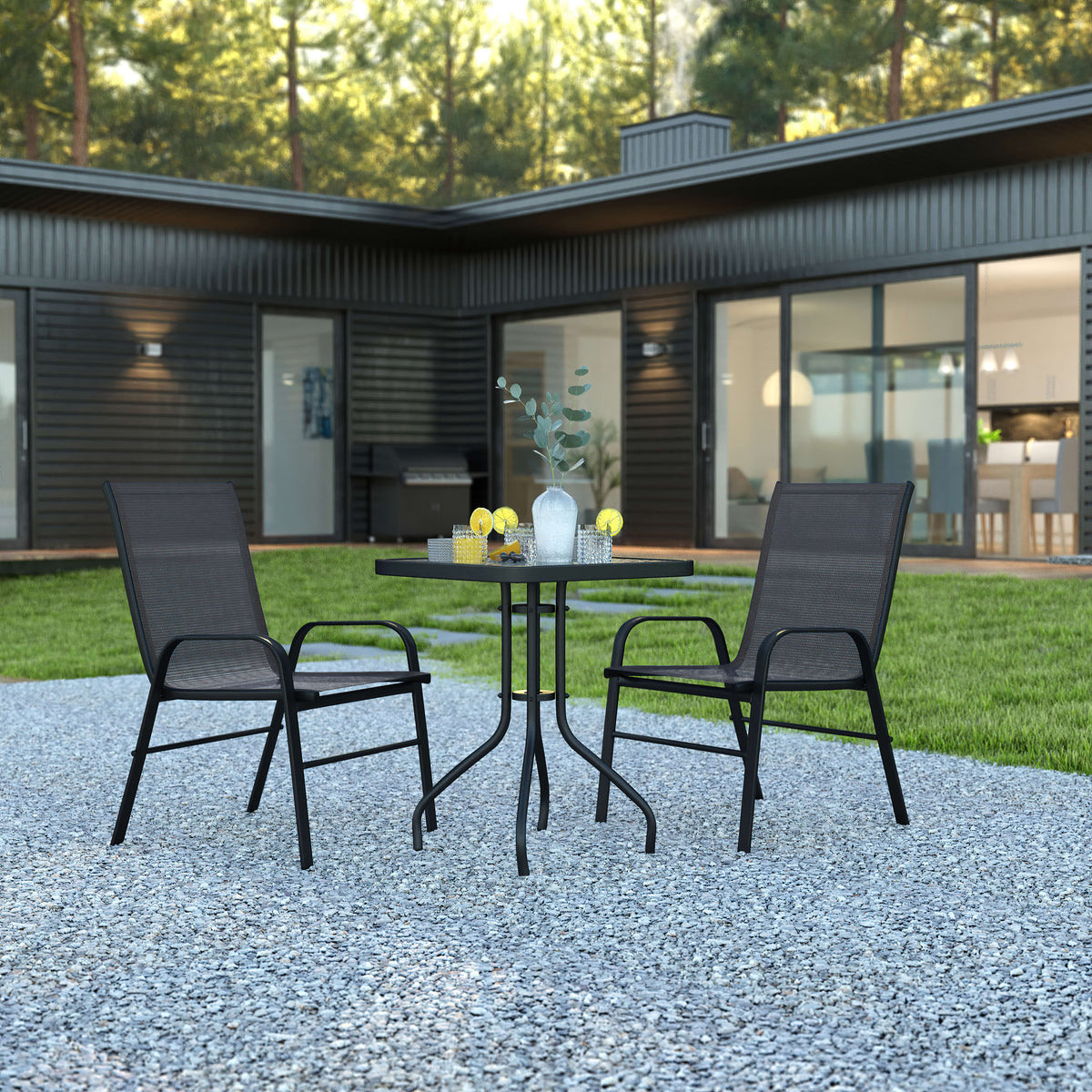 Black |#| 3 Piece Patio Dining Set - 23.5inch Square Glass Table, 2 Black Flex Stack Chairs