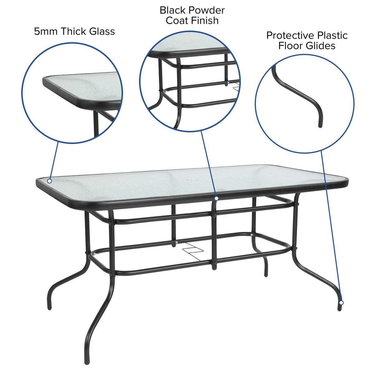 5 Piece Patio Dining Set - 55inch Glass Patio Table, 4 Black Aluminum Stack Chairs