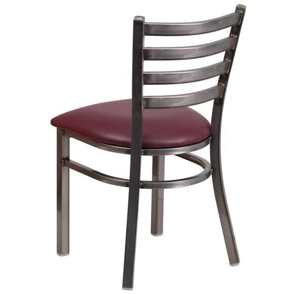 Burgundy Vinyl Seat/Clear Coated Metal Frame |#| Clear Coated Ladder Back Metal Restaurant Chair - Burgundy Vinyl Seat