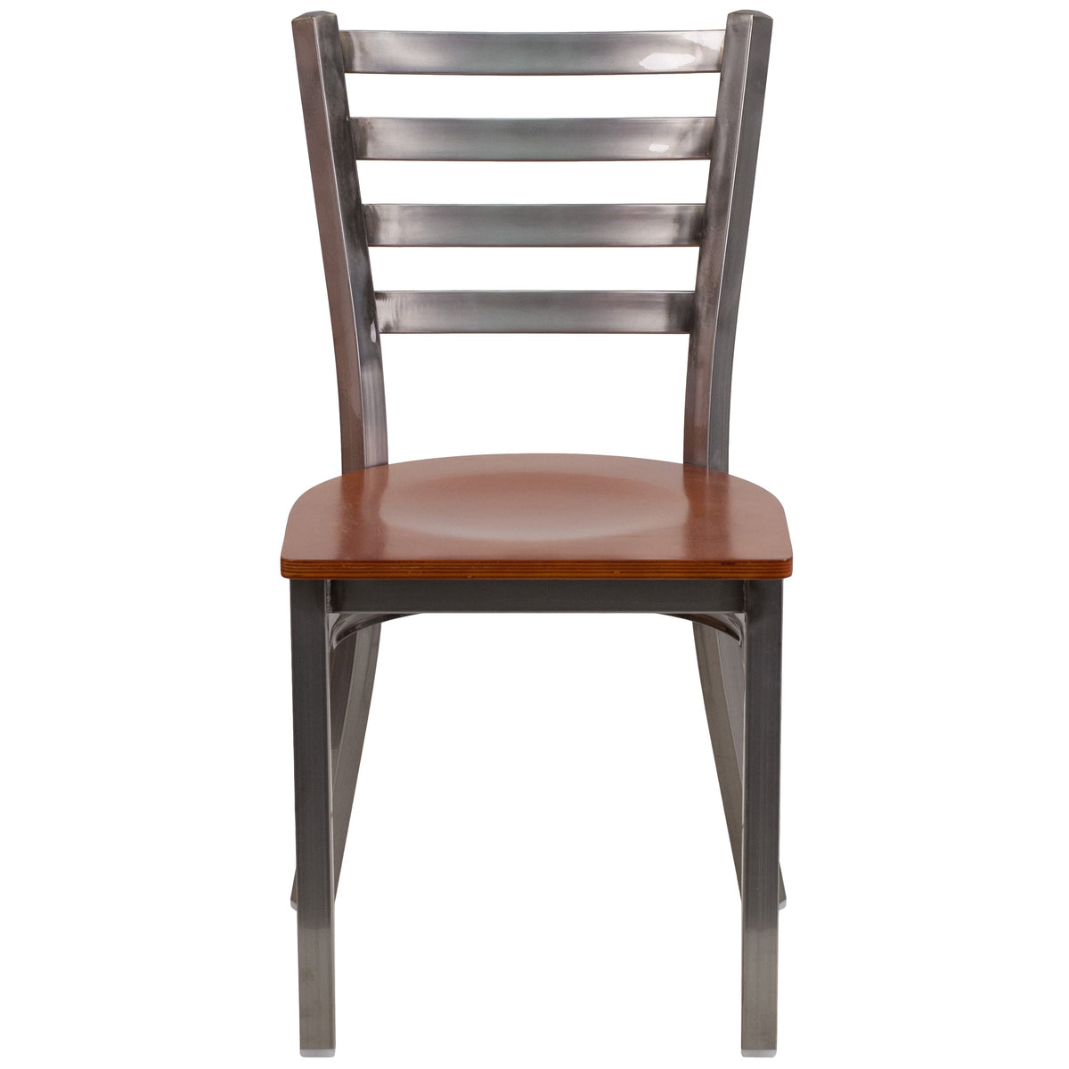 Cherry Wood Seat/Clear Coated Metal Frame |#| Clear Coated Ladder Back Metal Restaurant Chair - Cherry Wood Seat