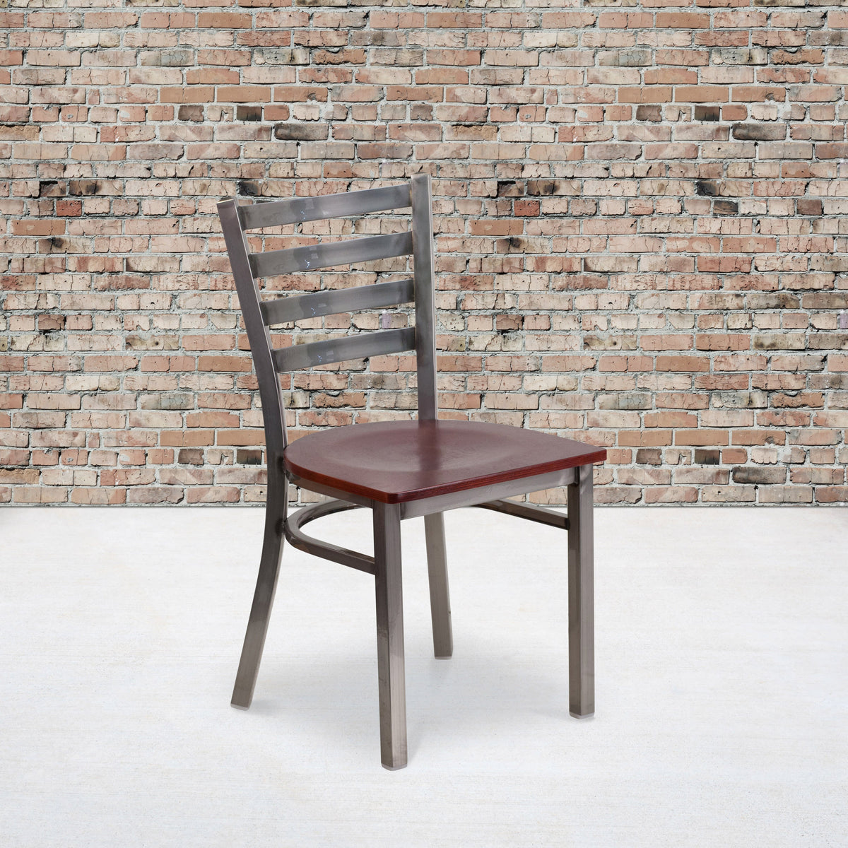 Mahogany Wood Seat/Clear Coated Metal Frame |#| Clear Coated Ladder Back Metal Restaurant Chair - Mahogany Wood Seat