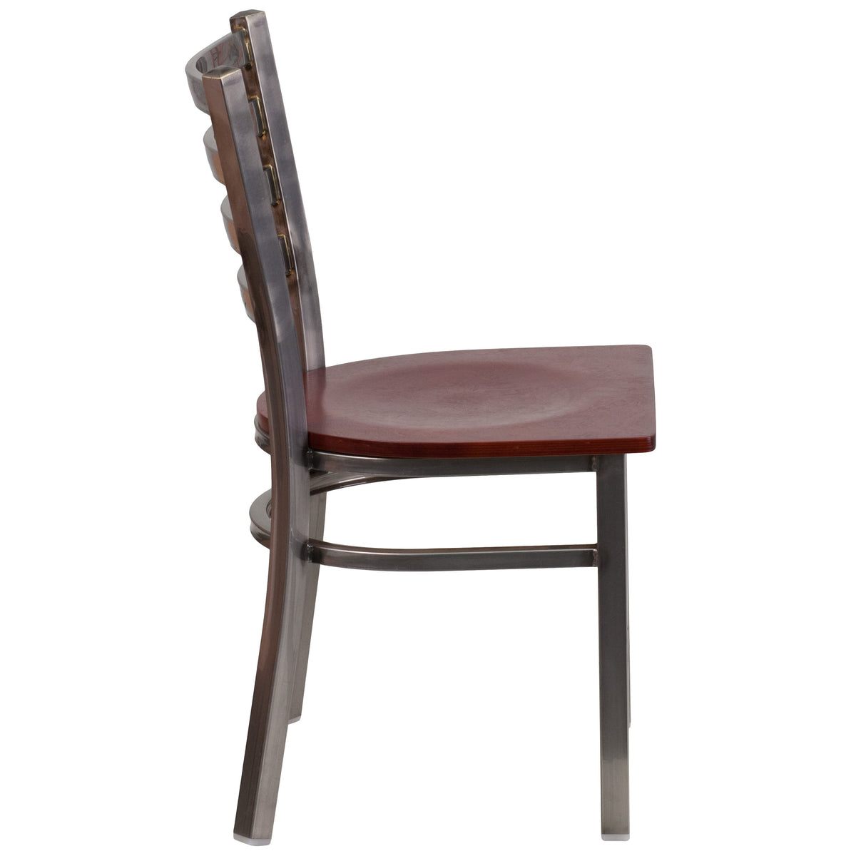 Mahogany Wood Seat/Clear Coated Metal Frame |#| Clear Coated Ladder Back Metal Restaurant Chair - Mahogany Wood Seat