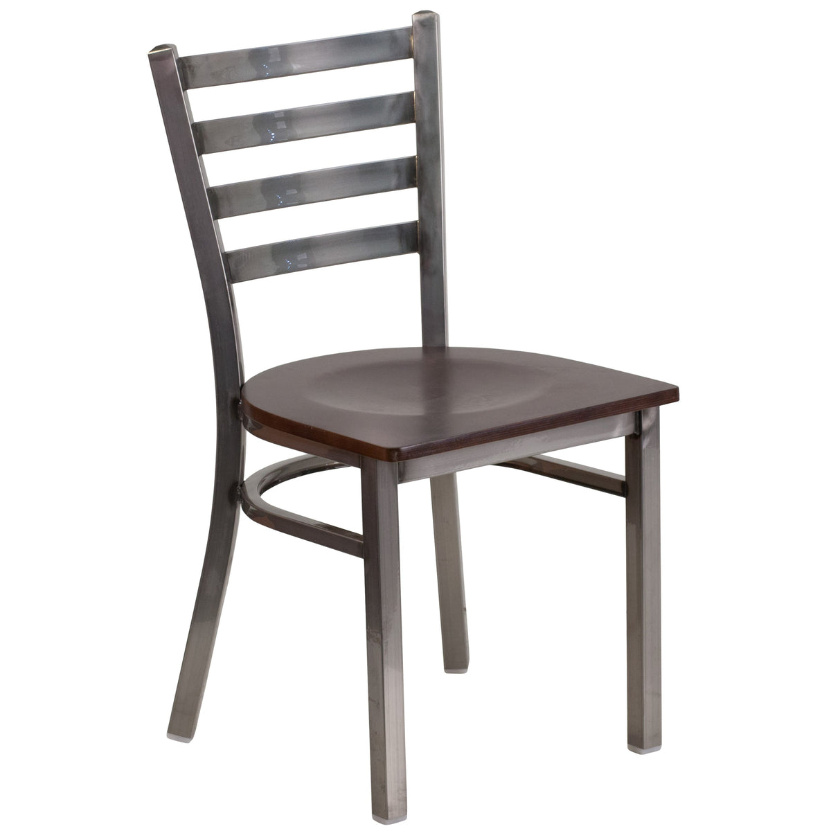 Walnut Wood Seat/Clear Coated Metal Frame |#| Clear Coated Ladder Back Metal Restaurant Chair - Walnut Wood Seat