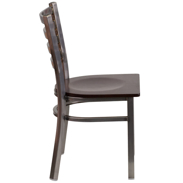 Walnut Wood Seat/Clear Coated Metal Frame |#| Clear Coated Ladder Back Metal Restaurant Chair - Walnut Wood Seat