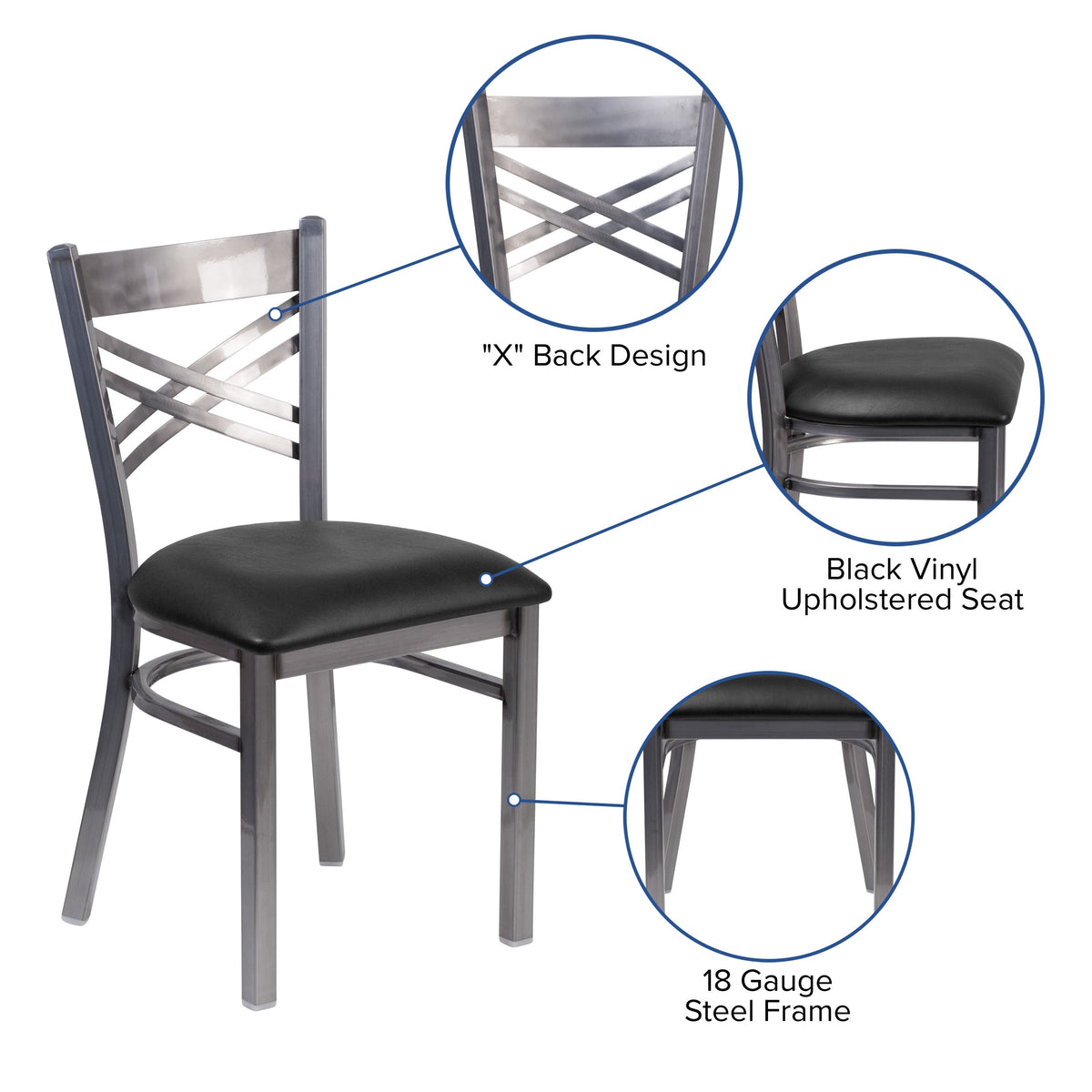 Black Vinyl Seat/Clear Coated Metal Frame |#| Clear Coated inchXinch Back Metal Restaurant Chair - Black Vinyl Seat