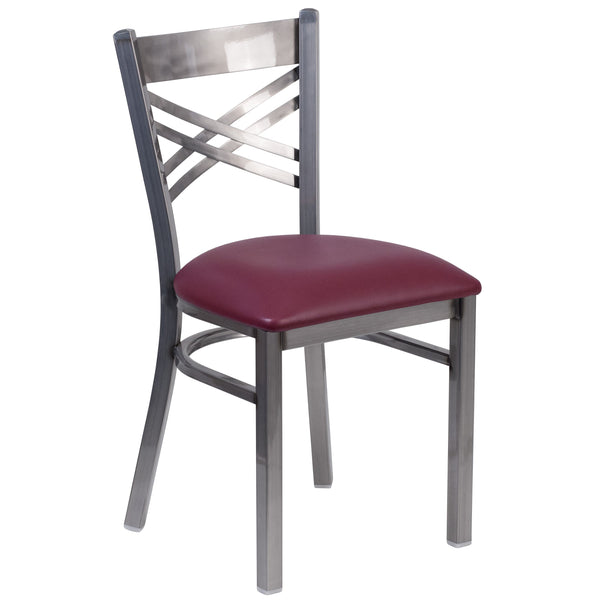 Burgundy Vinyl Seat/Clear Coated Metal Frame |#| Clear Coated inchXinch Back Metal Restaurant Chair - Burgundy Vinyl Seat