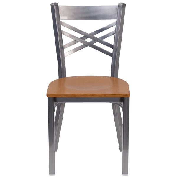 Natural Wood Seat/Clear Coated Metal Frame |#| Clear Coated inchXinch Back Metal Restaurant Chair - Natural Wood Seat