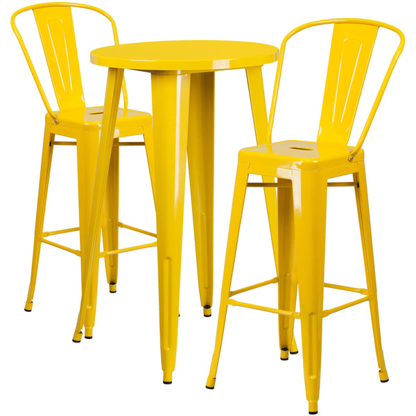 Yellow |#| 24inch Round Yellow Metal Indoor-Outdoor Bar Table Set with 2 Cafe Stools