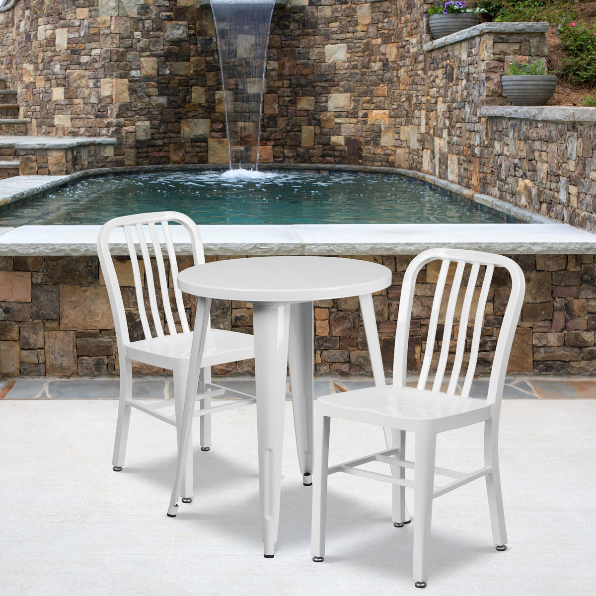 White |#| 24inch Round White Metal Indoor-Outdoor Table Set with 2 Vertical Slat Back Chairs