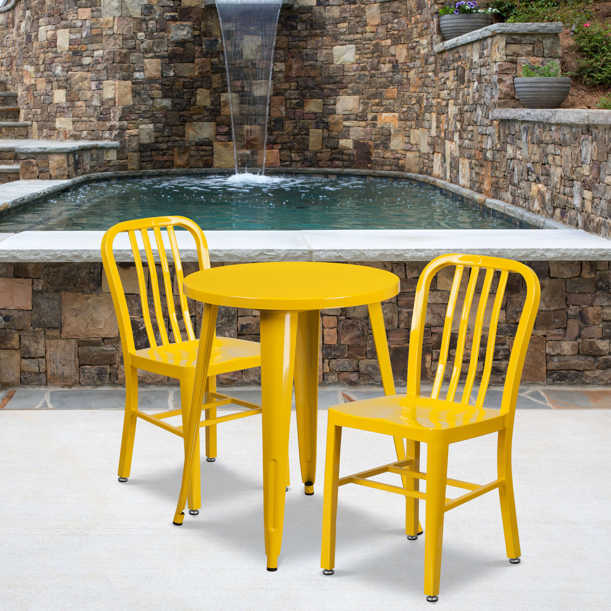 Yellow |#| 24inch Round Yellow Metal Indoor-Outdoor Table Set w/ 2 Vertical Slat Back Chairs