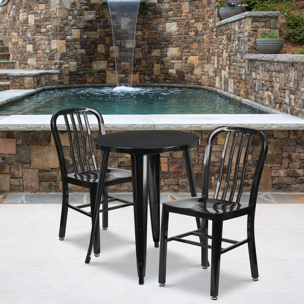 Black |#| 24inch Round Black Metal Indoor-Outdoor Table Set with 2 Vertical Slat Back Chairs