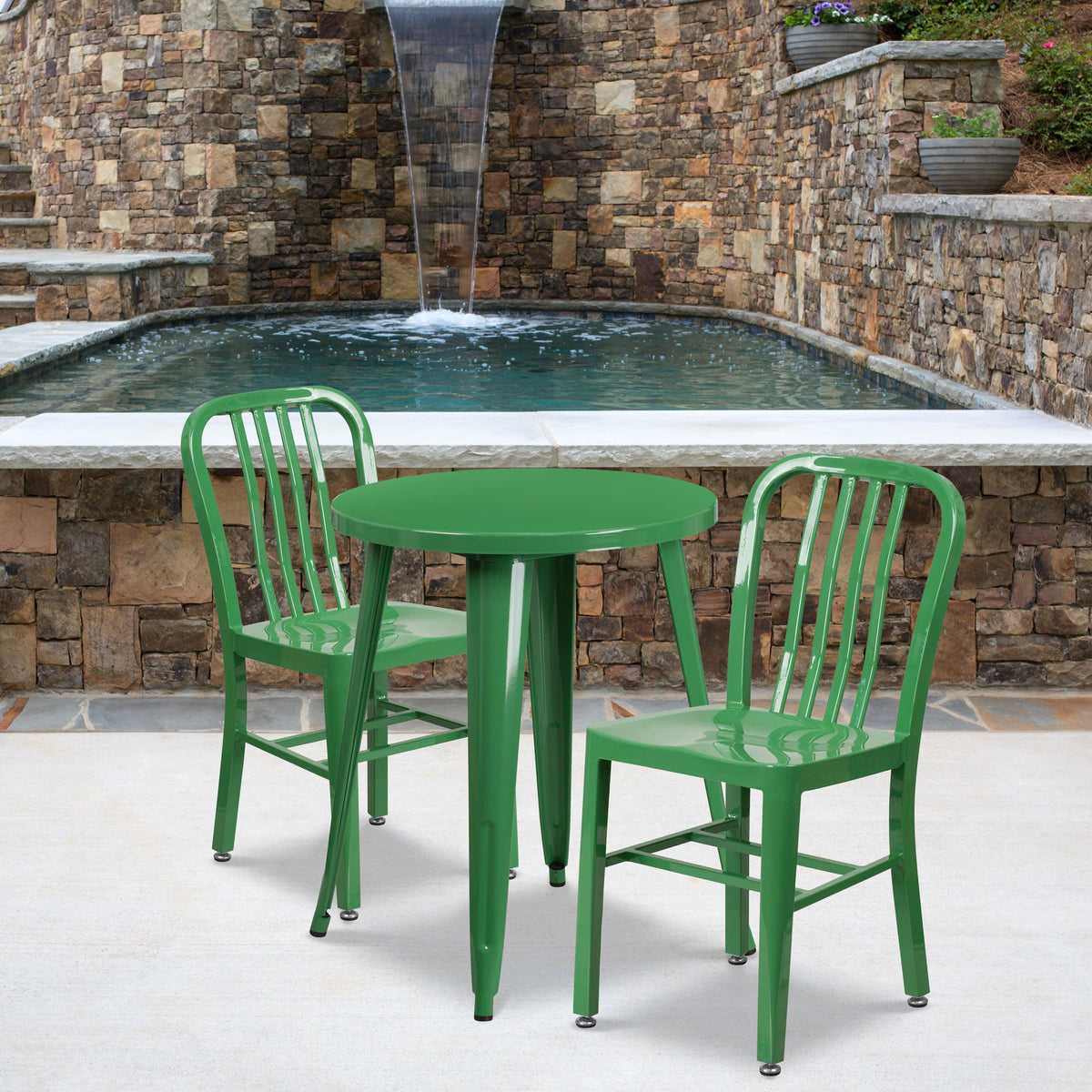 Green |#| 24inch Round Green Metal Indoor-Outdoor Table Set with 2 Vertical Slat Back Chairs