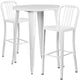 White |#| 30inch Round White Metal Indoor-Outdoor Bar Table Set with 2 Slat Back Stools