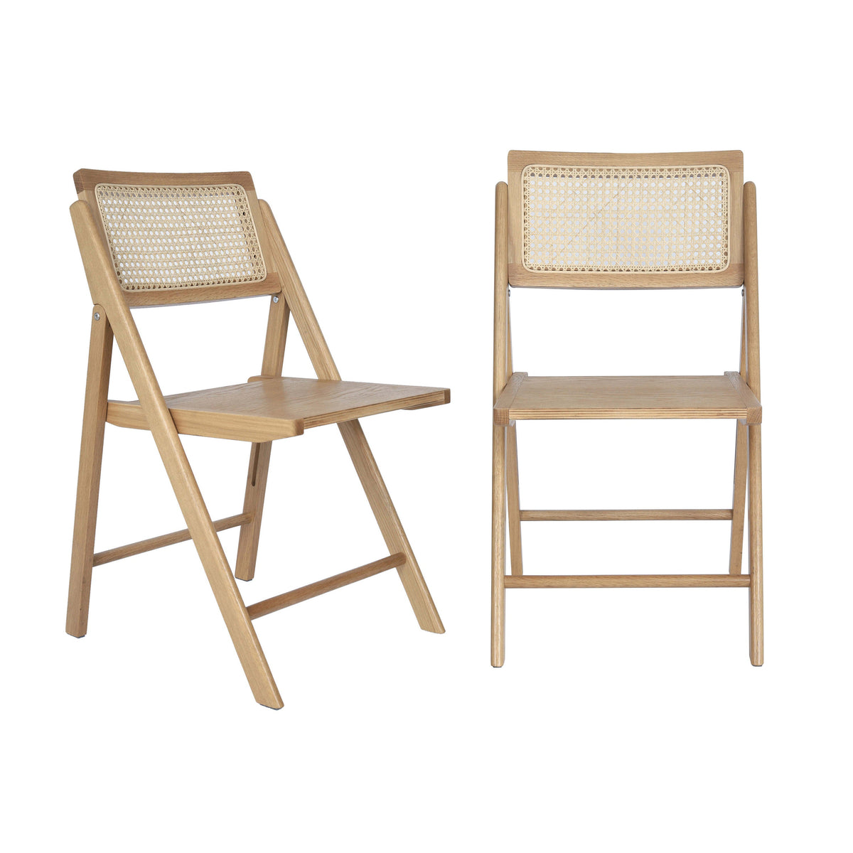 Natural |#| 2 Pack Commercial Cane Rattan Folding Chairs - Wood Backs and Seats - Natural