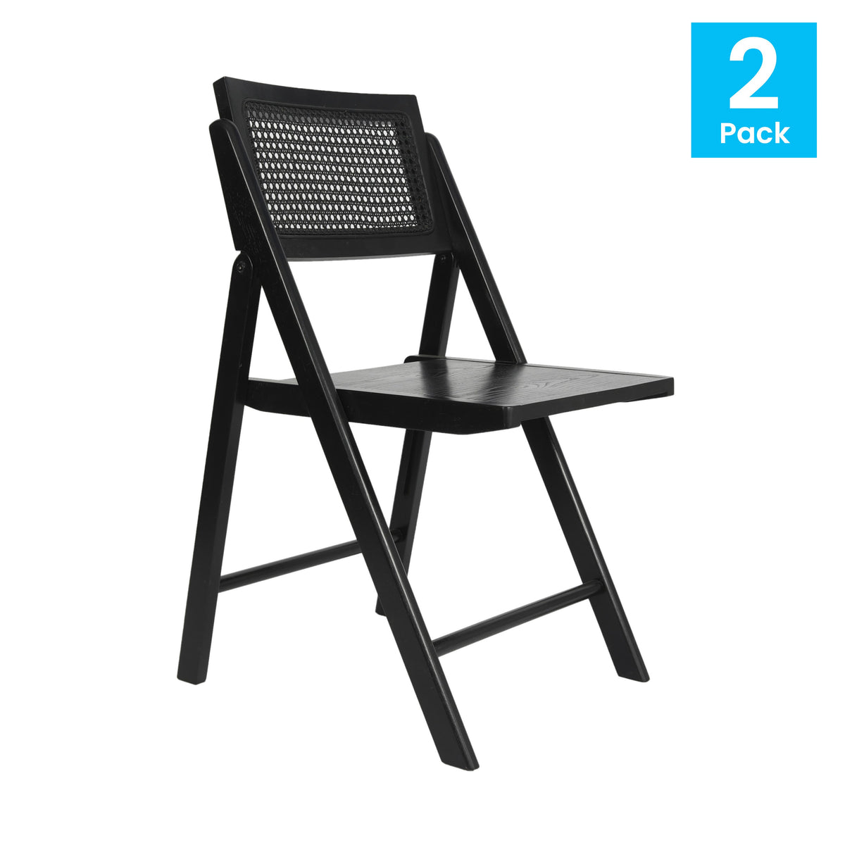 Black |#| 2 Pack Commercial Cane Rattan Folding Chairs - Wood Backs and Seats - Black