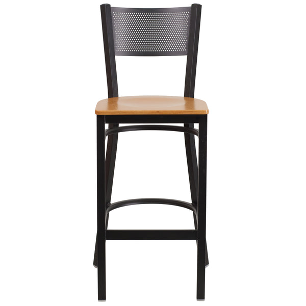 Natural Wood Seat/Black Metal Frame |#| Black Grid Back Metal Restaurant Barstool with Natural Wood Seat