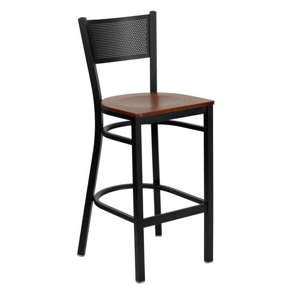 Cherry Wood Seat/Black Metal Frame |#| Black Grid Back Metal Restaurant Barstool with Cherry Wood Seat