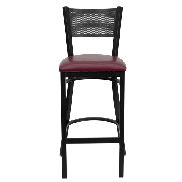 Burgundy Vinyl Seat/Black Metal Frame |#| Black Grid Back Metal Restaurant Barstool with Burgundy Vinyl Upholstered Seat