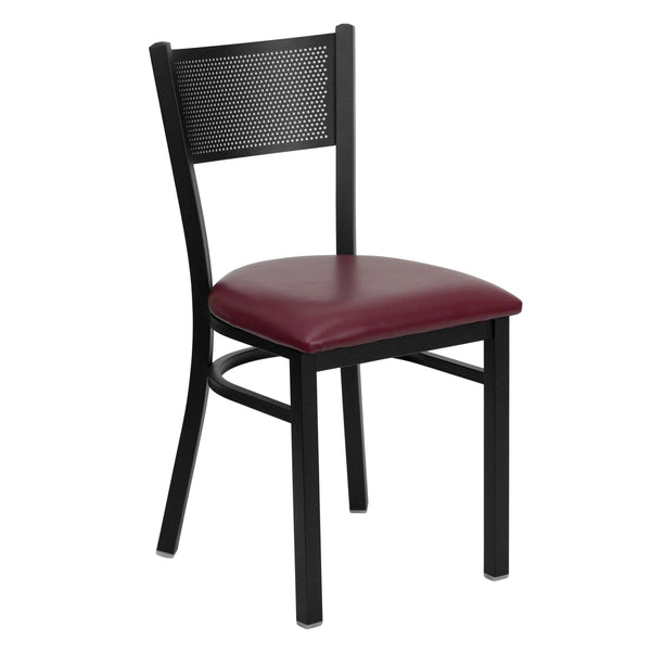 Burgundy Vinyl Seat/Black Metal Frame |#| Black Grid Back Metal Restaurant Chair with Burgundy Vinyl Upholstered Seat