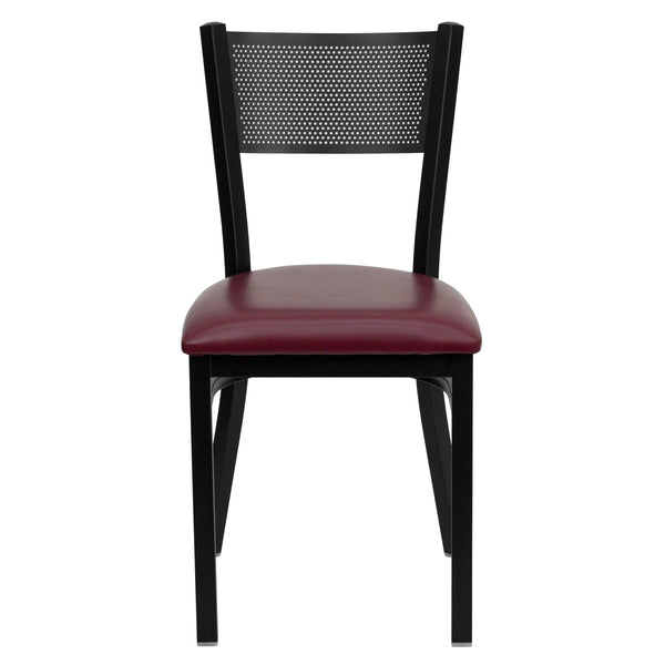 Burgundy Vinyl Seat/Black Metal Frame |#| Black Grid Back Metal Restaurant Chair with Burgundy Vinyl Upholstered Seat