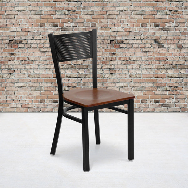 Cherry Wood Seat/Black Metal Frame |#| Black Grid Back Metal Restaurant Chair with Cherry Wood Seat