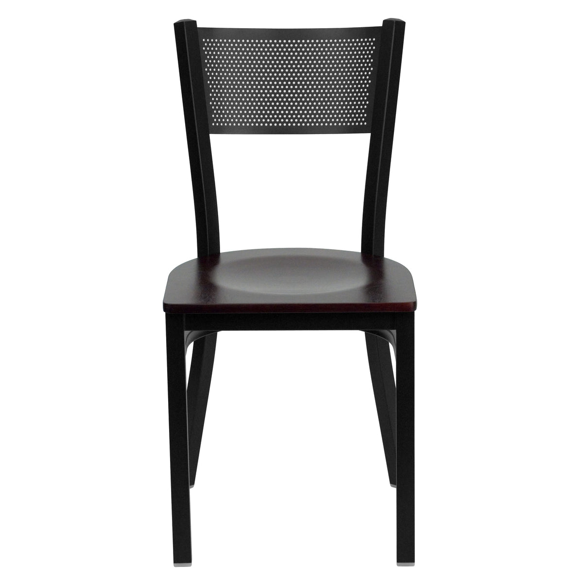 Mahogany Wood Seat/Black Metal Frame |#| Black Grid Back Metal Restaurant Chair with Mahogany Wood Seat