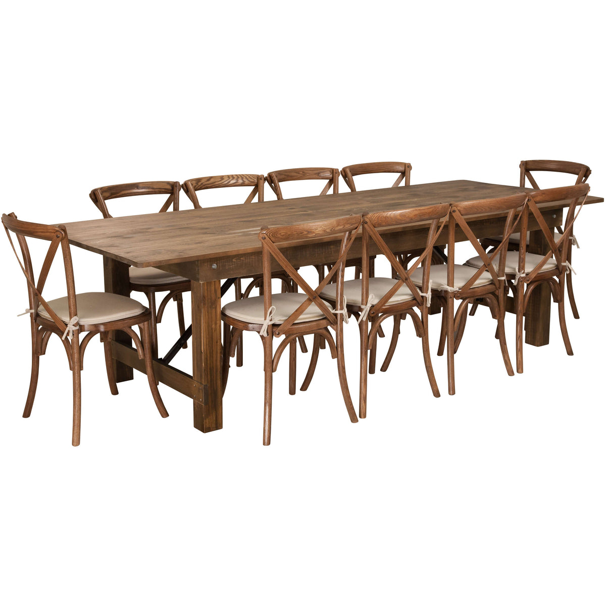 9' x 40inch Rustic Folding Farm Table Set with 10 Cross Back Chairs and Cushions