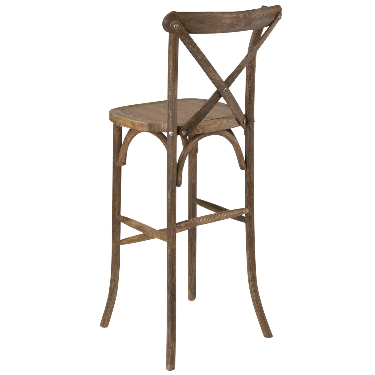 350lb. Rated Dark Antique Wood Cross Back Stackable Barstool