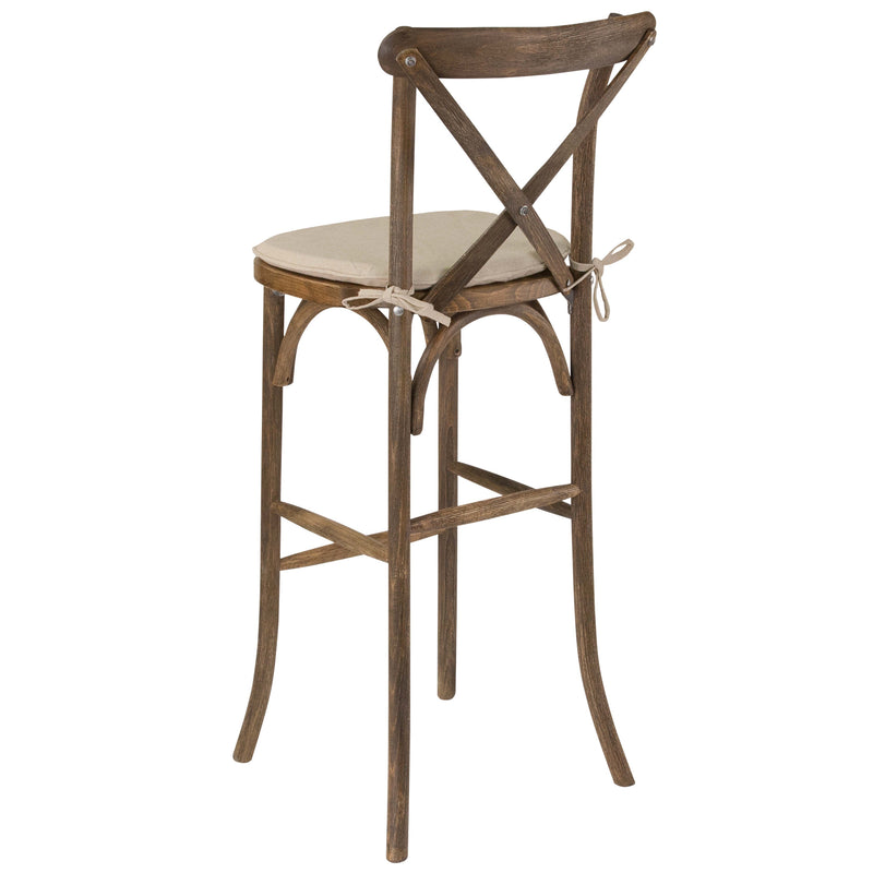 350lb. Rated Dark Antique Wood Cross Back Stackable Barstool with Cushion
