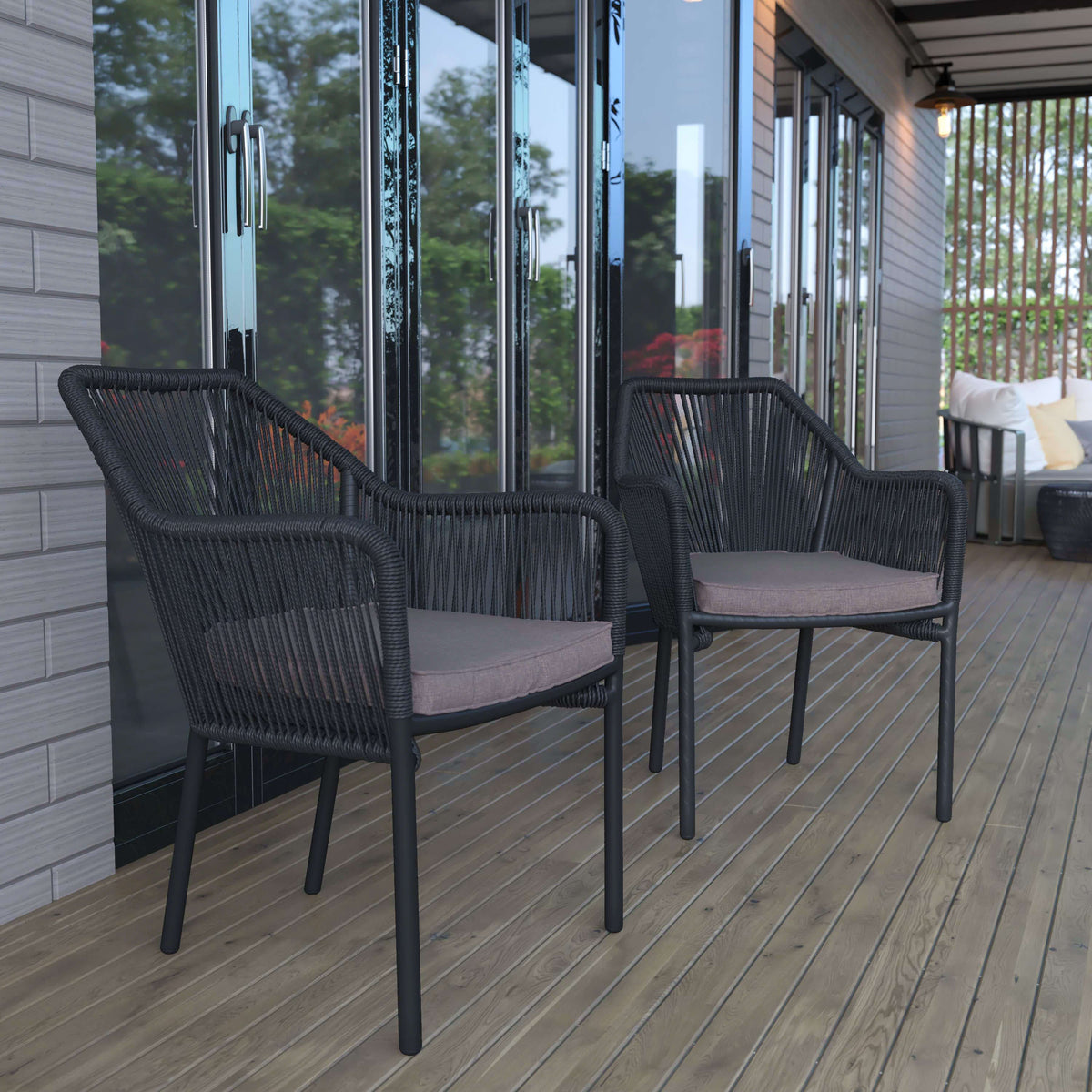 Black/Gray |#| Woven Indoor/Outdoor Stacking Club Chairs in Black - Gray Cushions-Set of 2