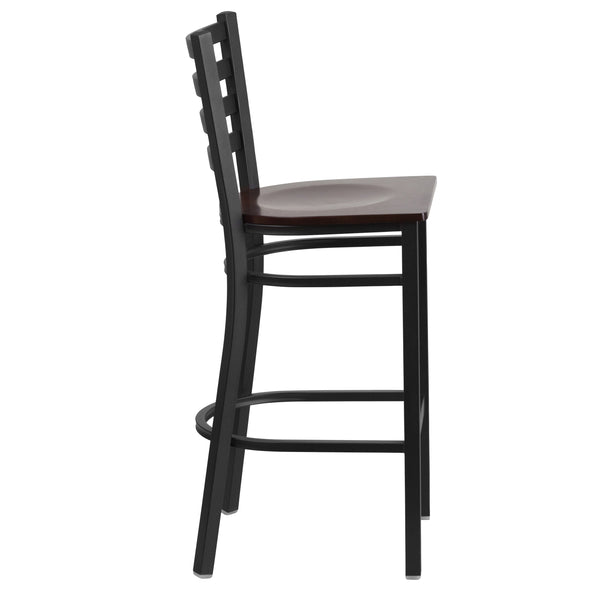 Walnut Wood Seat/Black Metal Frame |#| Black Ladder Back Metal Restaurant Barstool - Walnut Wood Seat