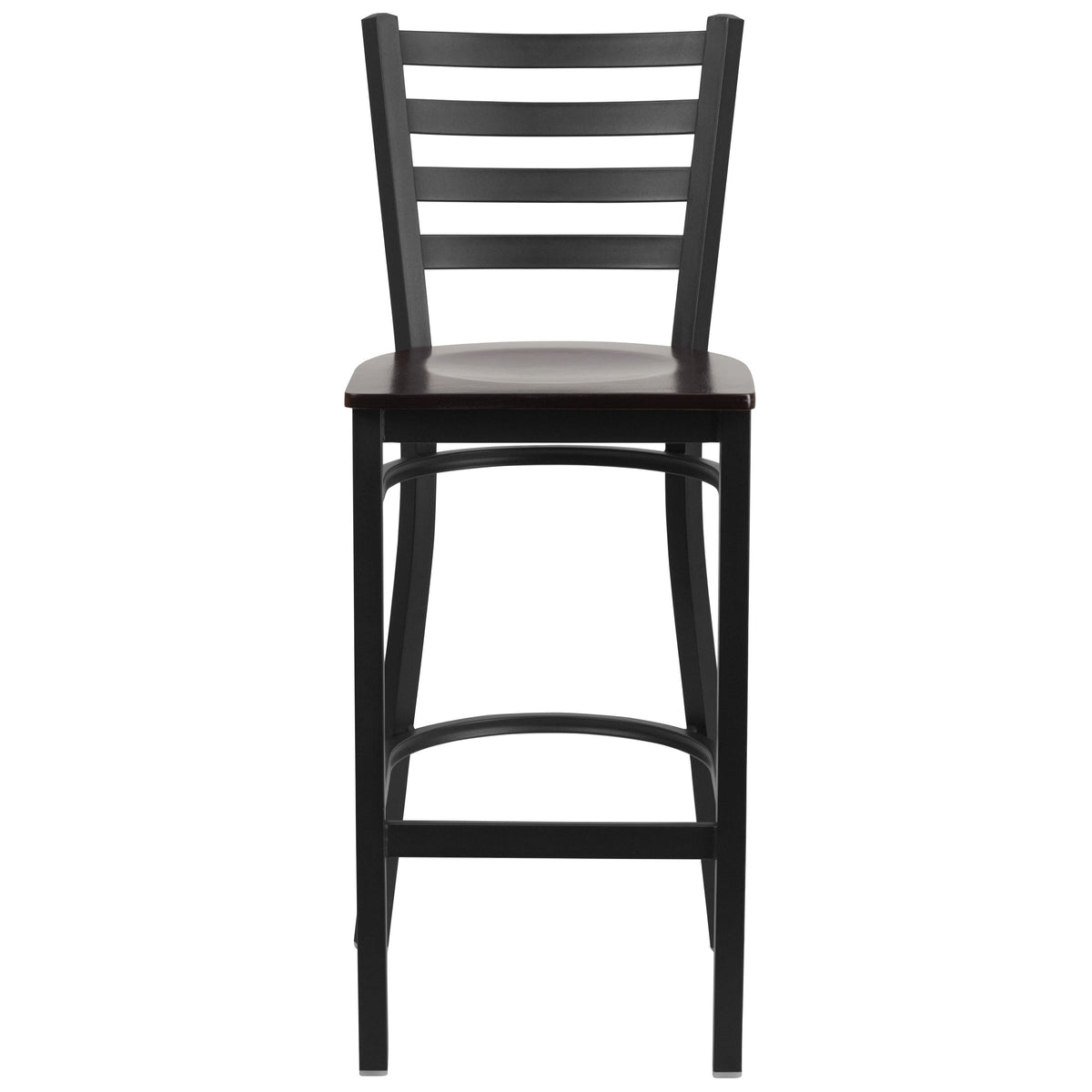 Walnut Wood Seat/Black Metal Frame |#| Black Ladder Back Metal Restaurant Barstool - Walnut Wood Seat