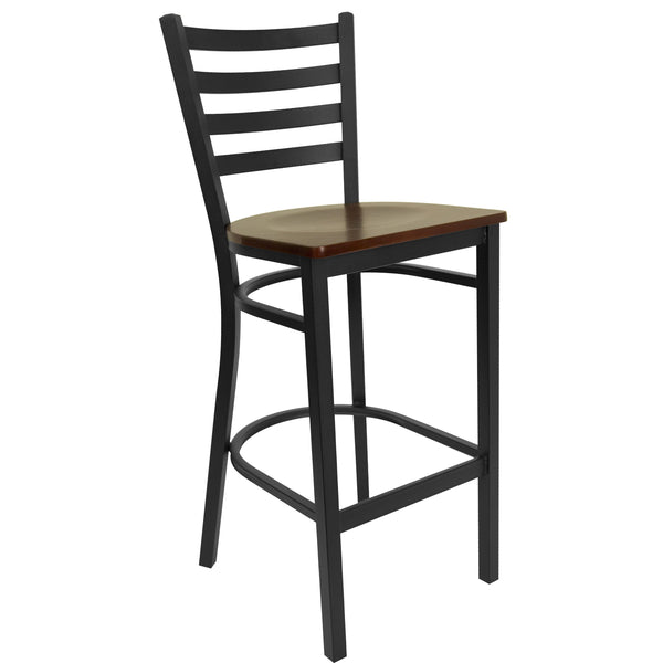 Mahogany Wood Seat/Black Metal Frame |#| Black Ladder Back Metal Restaurant Barstool - Mahogany Wood Seat