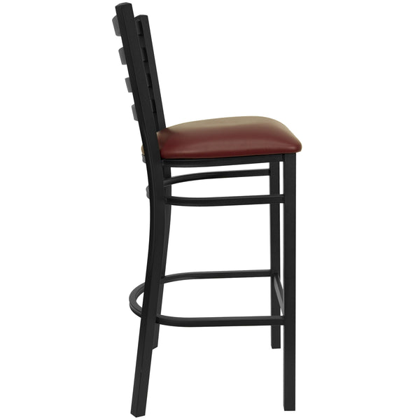 Burgundy Vinyl Seat/Black Metal Frame |#| Black Ladder Back Metal Restaurant Barstool - Burgundy Vinyl Seat