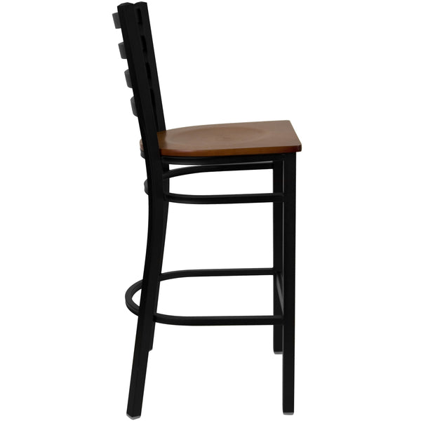 Cherry Wood Seat/Black Metal Frame |#| Black Ladder Back Metal Restaurant Barstool - Cherry Wood Seat