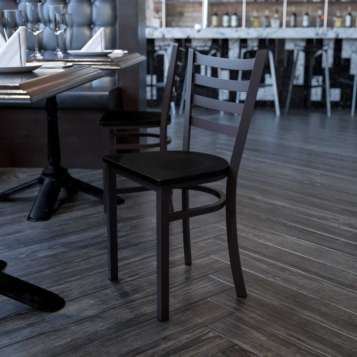 Mahogany Wood Seat/Black Metal Frame |#| Black Ladder Back Metal Restaurant Chair - Mahogany Wood Seat