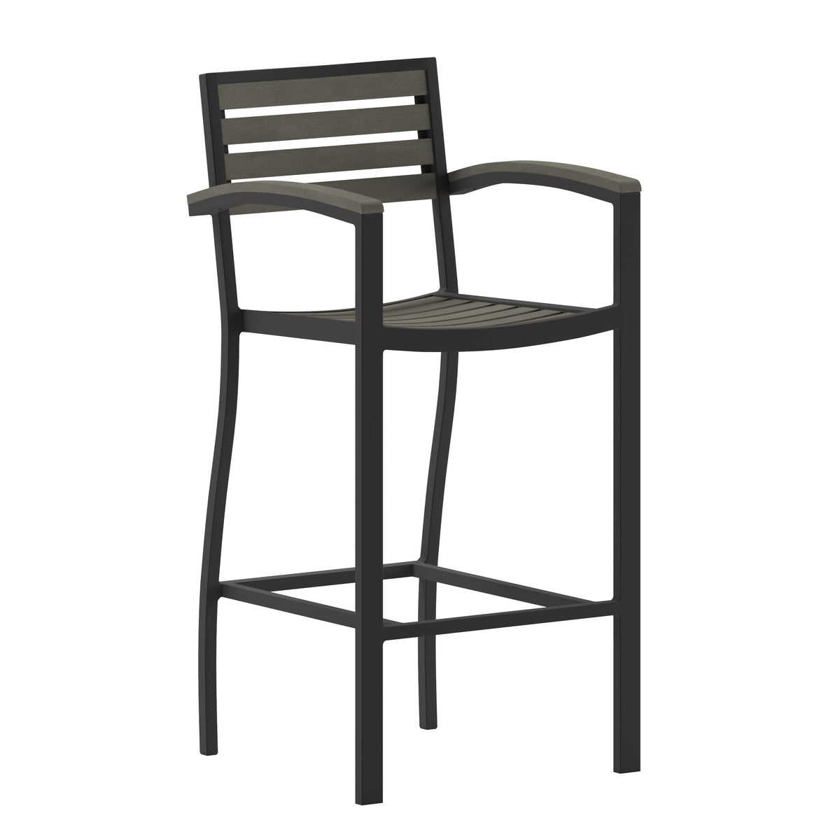 Gray Wash |#| Commercial Grade Outdoor Bar Stool with Armrests and Poly Resin Slats-Gray Wash