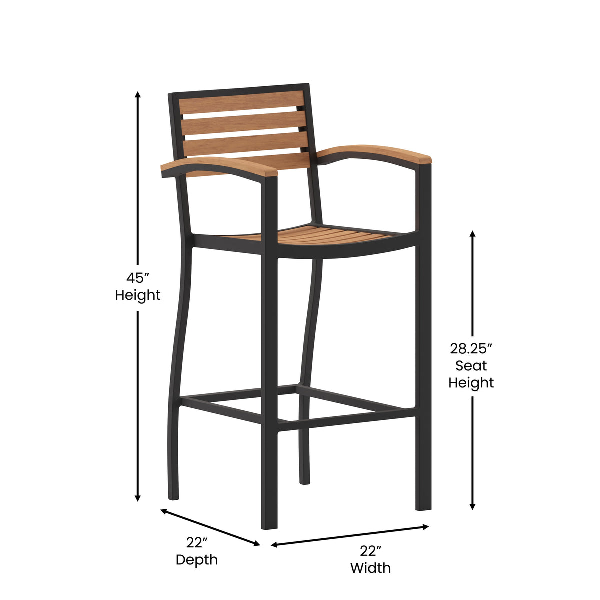 Teak |#| Commercial Grade Outdoor Bar Stool with Armrests and Poly Resin Slats - Teak