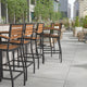 Teak |#| Commercial Grade Outdoor Bar Stool with Armrests and Poly Resin Slats - Teak