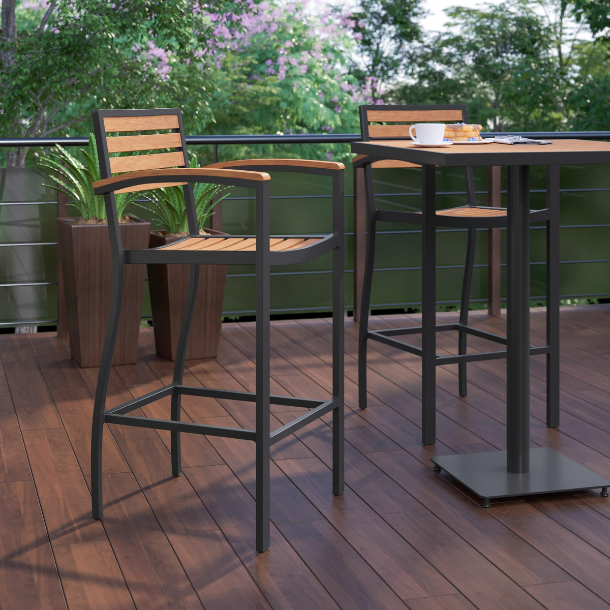 Teak |#| Commercial Grade Outdoor Bar Stool with Armrests and Poly Resin Slats - Teak