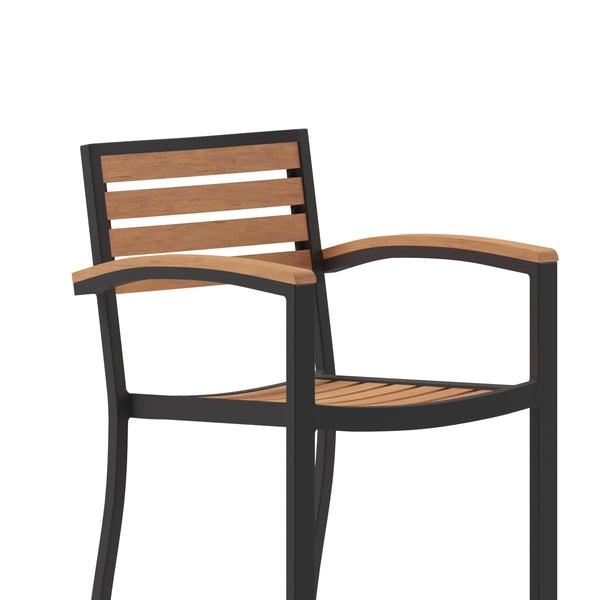 Teak |#| Commercial Grade Outdoor Bar Stool with Armrests and Poly Resin Slats - Teak